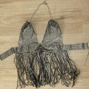 Silver Rhinestone Fringe Halter Top